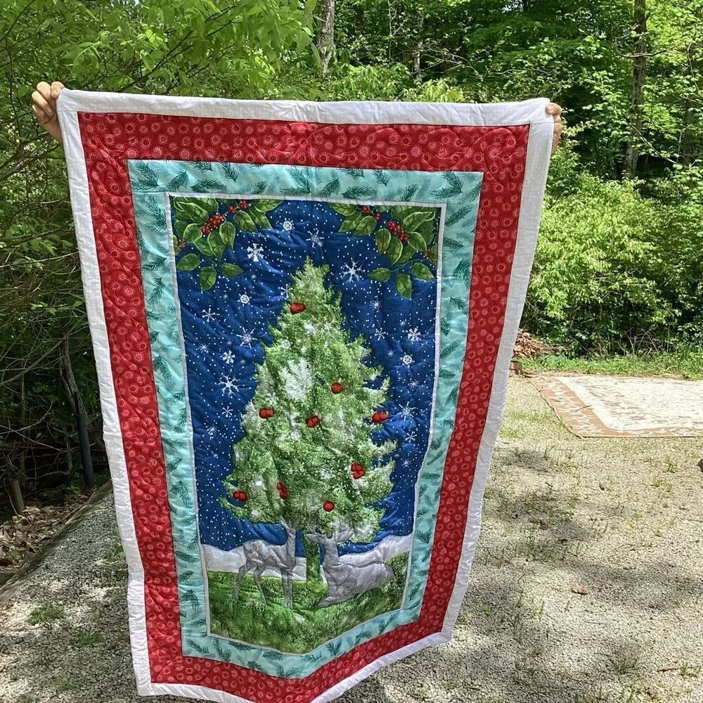 NWT. Christmas Forest Tree with Deer Lap Quilt Hand Crafted